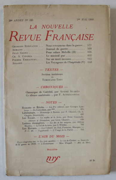 LA NOUVELLE REVUE FRANCAISE , No. 320 , MAI  , 1940