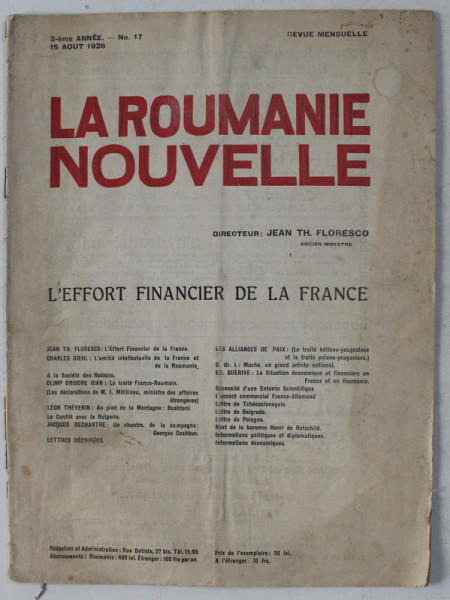 LA ROUMANIE NOUVELLE , revue mensuelle , 2 eme annee , no. 17 , 15 aout 1926