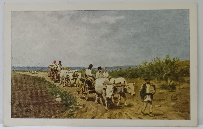 LA TARG , de pictorul BASARAB , CARTE POSTALA ILUSTRATA , PERIOADA INTERBELICA