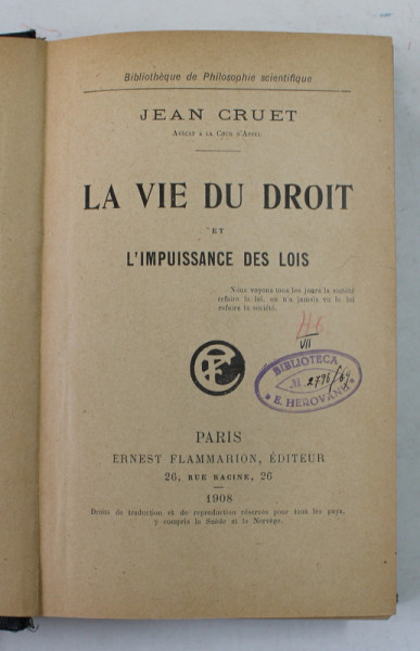 LA VIE DU DROIT ET L 'IMPUISSANCE DES LOIS par JEAN CRUET , 1908