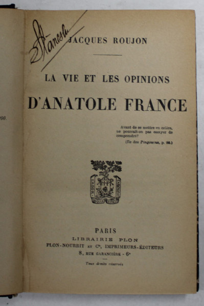 LA VIE ET LES OPTIONS D 'ANATOLE FRANCE  par JACQUES ROUJON , 1925