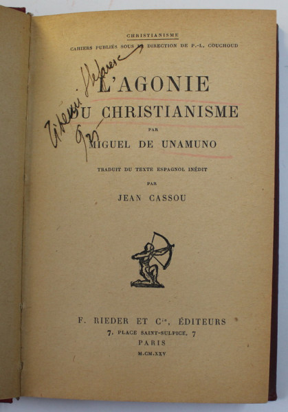 L'AGONIE DU CHRISTIANISME de MIGUEL DE UNAMUNO , 1925