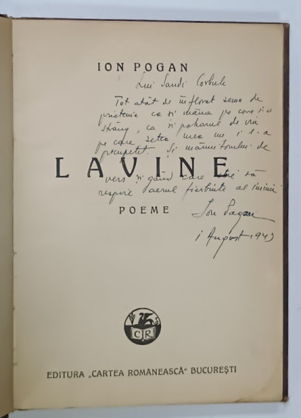 LAVINE , poeme de ION POGAN , 1943 , DEDICATIE *