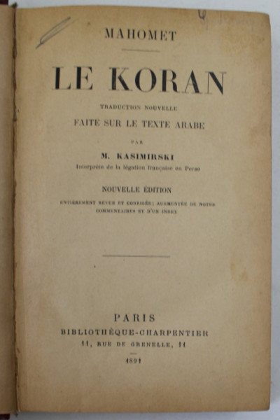 LE KORAN par MAHOMET , 1891