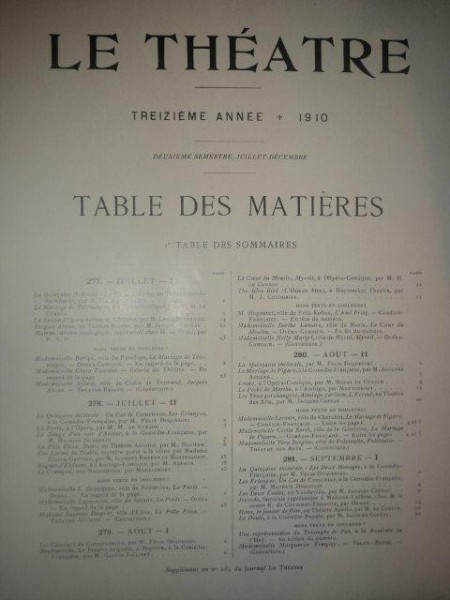 LE THEATRE, REVUE BIMENSUELLE ILLUSTREE, TREIZIEME ANEE 1910, DEUXIEME SEMESTRE - JUILLET DECEMBER, PARIS