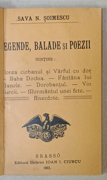 LEGENDE , BALADE SI POEZII de SAVA N. SOIMESCU , 1913 , COPERTA REFACUTA