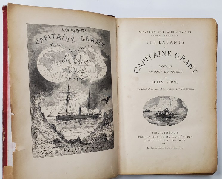LES ENFANTS DU CAPITAINE GRANT, COLLECTION '' J. HETZEL '' - VOYAGE AUTOUR DU MONDE par JULES VERNE , ilustrata cu 172 gravuri de  RIOU , gravuri de  PANNEMAKER - Paris