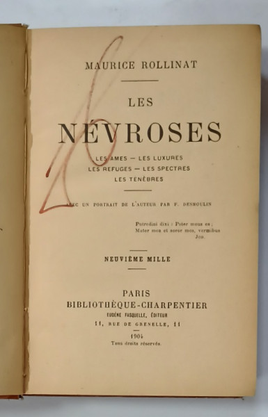 LES NEVROSES par MAURICE ROLLINAT , 1904, PREZINTA UN DESEN PE PAGINA DE TITLU *