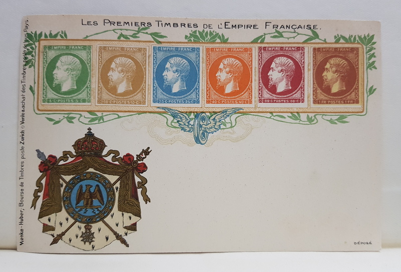 LES PREMIERS TIMBRES DE L 'EMPIRE FRANCAISE , CARTE POSTALA , CROMOLITOGRAFIE , CLASICA