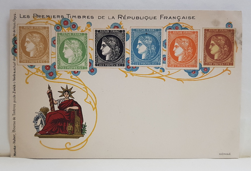 LES PREMIERS TIMBRES DE LA REPUBLIQUE FRANCAISE , CARTE POSTALA , CROMOLITOGRAFIE , CLASICA