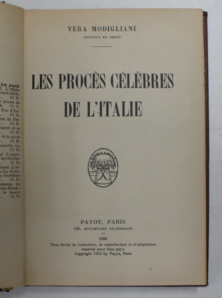 LES PROCES CELEBRES DE L 'ITALIE par VERA MODIGLIANI , 1936