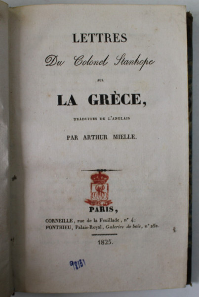 LETTRES DU COLONEL STANHOPE SUR LA GRECE , traduites de l ' anglais par ARTHUR MIELLE , 1825