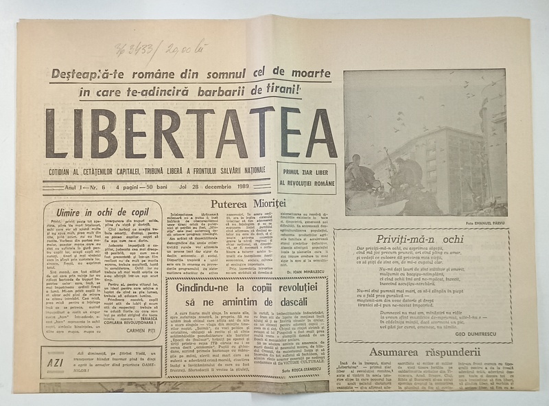 LIBERTATEA , COTIDIAN AL CETATENILOR CAPITALEI , TRIBUNA LIBERA A FRONTULUI SALVARII NATIONALE , 28 DECEMBRIE , 1989