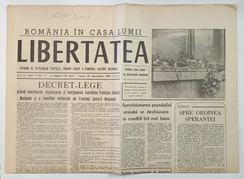 LIBERTATEA , COTIDIAN AL CETATENILOR CAPITALEI , TRIBUNA LIBERA A FRONTULUI SALVARII NATIONALE , 29 DECEMBRIE , 1989