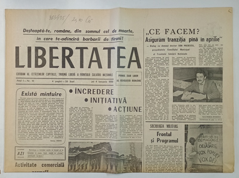 LIBERTATEA , COTIDIAN AL CETATENILOR CAPITALEI , TRIBUNA LIBERA A FRONTULUI SALVARII NATIONALE , 4 IANUARIE  , 1990