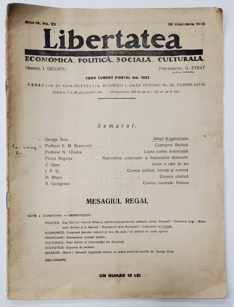 LIBERTATEA , REVISTA ECONOMICA , POLITICA , SOCIALA , CULTURALA , ANUL IV , NR. 22 , 20 NOIEMBRIE , 1936