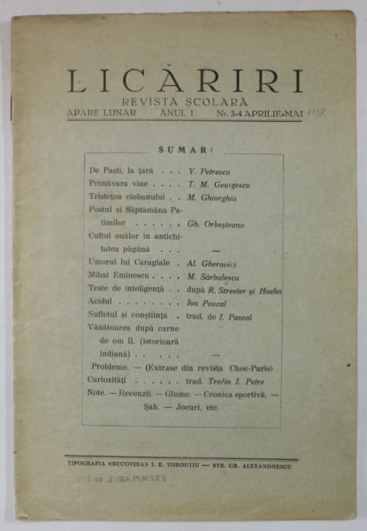 LICARIRI , REVISTA SCOLARA , ANUL I , NR. 3-4 , APRILIE - MAI , 1937