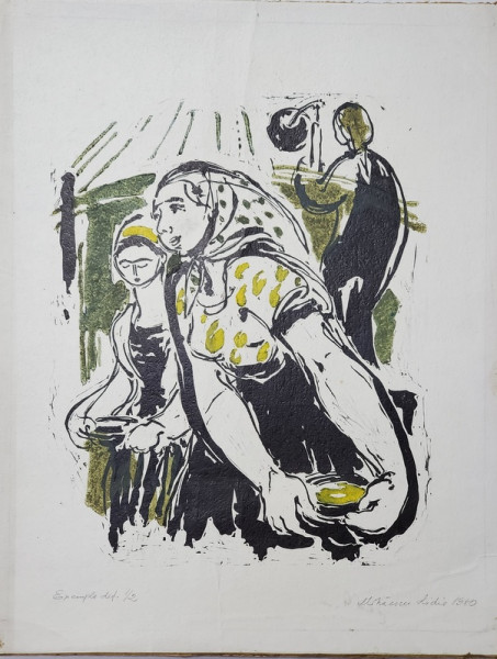 LIDIA MIHAESCU , FEMEI LA FERMA , LINOGRAVURA , EXEMPLAR 1/2 , SEMNATA SI DATATA 1960