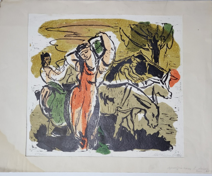 LIDIA MIHAESCU , SCENA LA FERMA , LINOGRAVURA , ANII ' 50