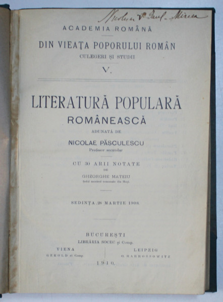 LITERATURA POPULARA ROMANEASCA de NICOLAE PASCULESCU , 1910