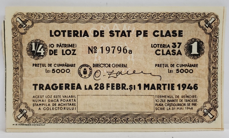 LOTERIA DE STAT PE CLASE , BILET NR. 1979 a , TRAGEREA LA 28 FEBRUARIE SI 1 MARTIE 1946 , STAMPILA  COLECTORULUI  PE VERSO