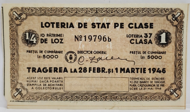 LOTERIA DE STAT PE CLASE , BILET NR. 1979 b , TRAGEREA LA 28 FEBRUARIE SI 1 MARTIE 1946 , STAMPILA  COLECTORULUI  PE VERSO