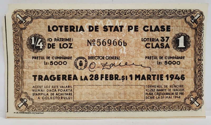 LOTERIA DE STAT PE CLASE , BILET NR. 56966 b , TRAGEREA LA 28 FEBRUARIE SI 1 MARTIE 1946 , STAMPILA  COLECTORULUI  PE VERSO