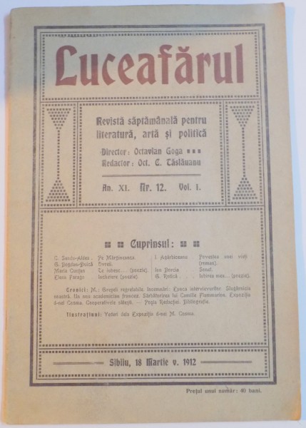 LUCEAFARUL, REVISTA SAPTAMANALA PENTRU LITERATURA, ARTA SI POLITICA, AN XI, NR. 12, VOL I.  1912
