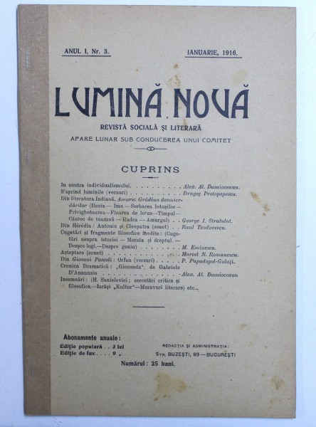 LUMINA NOUA  - REVISTA SOCIALA SI LITERARA , ANUL I , NR. 3 , IANUARIE , 1916