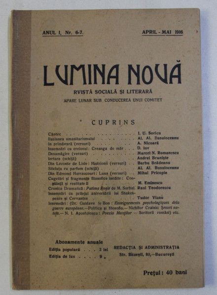 LUMINA NOUA - REVISTA SOCIALA SI LITERARA , ANUL I , NR. 6-7 , APRIL - MAI , 1916