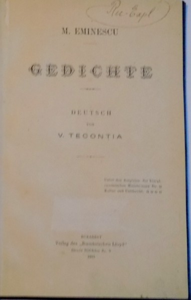 M. EMINESCU, GEDICHTE. DEUTSCH von V. TECONTIA  1903