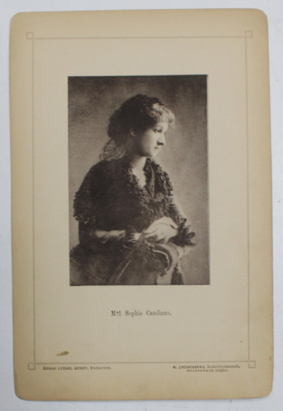 Mad. SOPHIE CANDIANO  , FOTOGRAFIE DIN  ALBUMUL  NATIONAL , SERIE DE BUCAREST , EDITEUR LYONEL BONDY , FOTOGRAF W. CRONENBERG , CCA .  1900