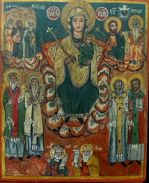 Maica Domnului cu Pruncul-Doamna îngerilor, soborul Sființilor Apostoli, Sfânta Troiță, Sființii Trei Ierarhi, Sfântul Nicolae, Icoana Romaneasca, Inceput de Secol XIX