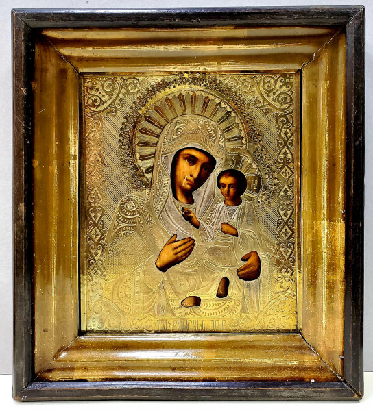 MAICA DOMNULUI DIN TIKHVIN, ICOANA PE LEMN CU FERECATURA AURITA, SCOALA RUSA, SEC. XIX