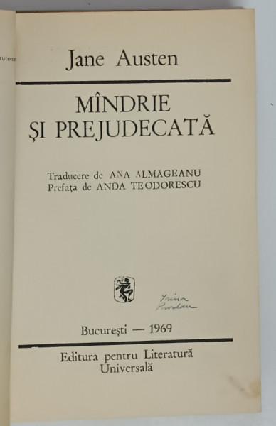 MANDRIE SI PREJUDECATA , roman de JANE AUSTEN , 1969 *EXEMPLA RELEGAT