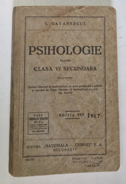 MANUAL DE PSIHOLOGIE PENTRU CLASA A VI SECUNDARA de I. PETROVICI si N. BAGDASAR , 1935