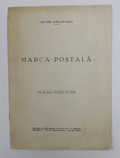 MARCA POSTALA de VICTOR ATANASIU , EXTRAS DIN REVISTA ' NATURA ' NO. 2 / 1933