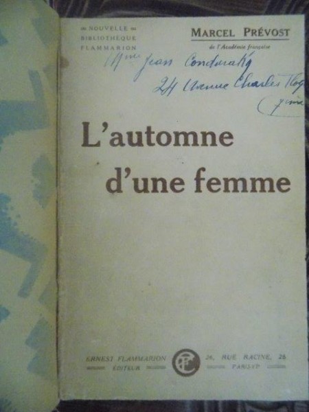 MARCEL PREVOST- L'AUTOMNE D'UNE FEMME, PARIS 1893 *DEDICATIE