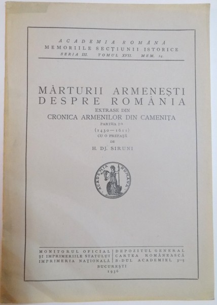 MARTURII ARMENESTI DESPRE ROMANIA , SERIA III , TOMUL XVII , MEM.14 , 1936