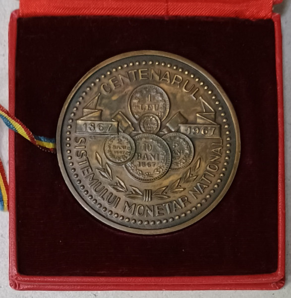 MEDALIE ' CENTENARUL  SISTEMULUI MONETAR NATIONAL 1867 -1967 ' , EMISA DE BANCA NATIONALA