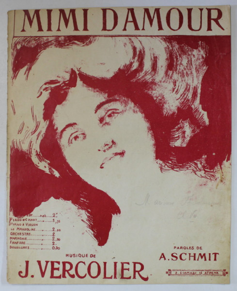 MIMI DAMOUR , paroles de A. SCHMIT , musique de J. VERCOLIER , PARTITURA , INCEPUTUL SEC. XX