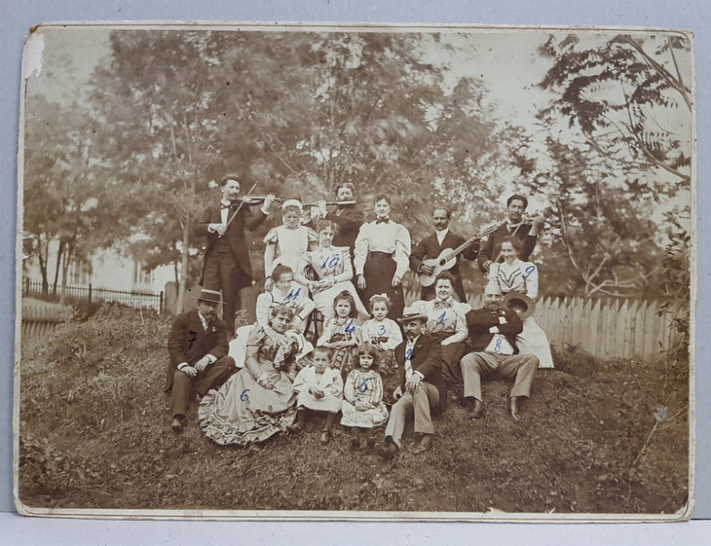 MIRCESTI , 11 MEMBRI AI FAMILIEI CATARGI ( NOMINALIZATI PE VERSO )  , POZA DE GRUP , CU FORMATIE DE LAUTARI , IN GRADINA , FOTOGRAFIE MONOCROMA, PE CARTON , PE FATA SUNT SCRISE CIFRE CU CERNEALA PENTRU IDENTIFICARE , DATATA 1895 - 1896