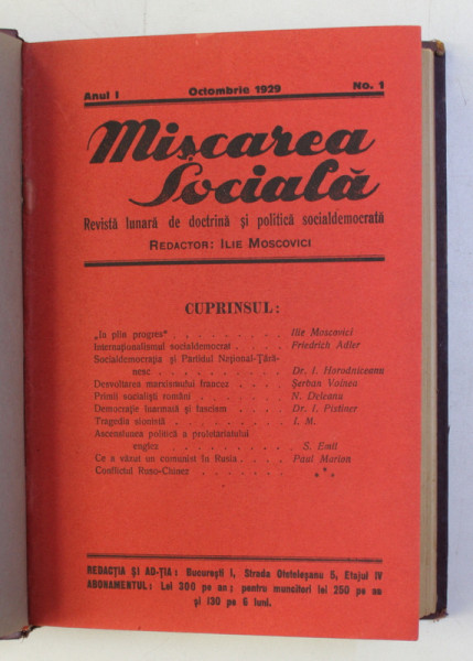 MISCAREA SOCIALA - REVISTA LUNARA DE DOCTRINA SI POLITICA SOCIALDEMOCRATA , ANUL I , NO.  1 - 12   , OCT.  1929 - SEPTEMB . 1930 , COLEGAT DE 12 NUMERE *