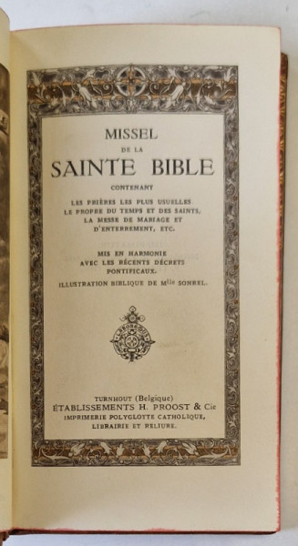 MISSEL DE LA SAINTE BIBLE , illustrations biblique de Mlle. SONREL , 1932 , LEGATURA DE ARTA , INTEGRAL PIELE