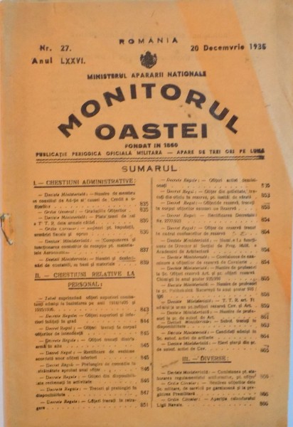 MONITORUL OASTEI , NR. 27 , ANUL LXXVI , 20 DECEMVRIE 1935