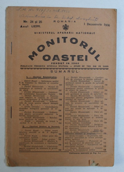 MONITORUL OASTEI - PUBLICATIE PERIODICA OFICIALA MILITARA , ANUL LXXVI , NR . 24 si 25 , 1 DECEMBRIE , 1936