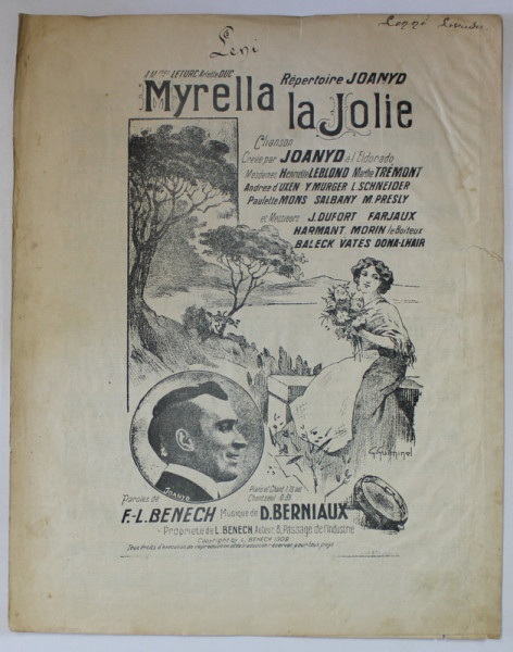 MYRELLA LA JOLIE , paroles de F. L. BENECH , musique de D. BERNIAUX , 1909, PARTITURA