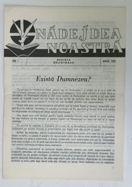 NADEJDEA NOASTRA , REVISTA RELIGIOASA , NR. 1 , ANUL 1972
