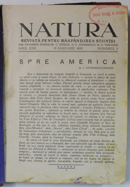 NATURA , REVISTA PENTRU RASPANDIREA STIINTEI , COLEGAT DE 9 NUMERE CONSECUTIVE , IANUARIE - NOIEMBRIE , 1933