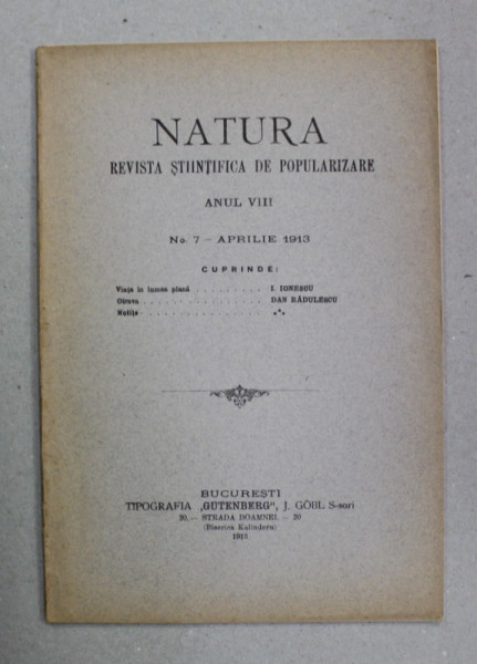 NATURA - REVISTA STIINTIFICA DE POPULARIZARE , ANUL VIII , NR. 7 , APRILIE  , 1913